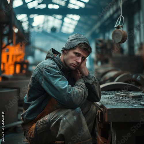 Factory workers are sad, full of pressure, hopeless, have no enthusiasm for life, expressions of mental disorders and health problems, the atmosphere in the factory. Generative Ai