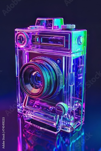 Neon Glow: Transparent Analog Camera in Isometric View