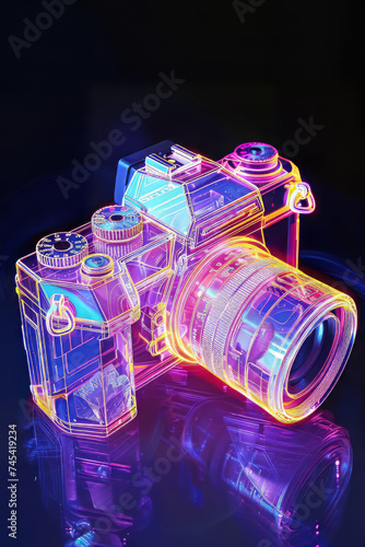 Neon Glow: Transparent Analog Camera in Isometric View