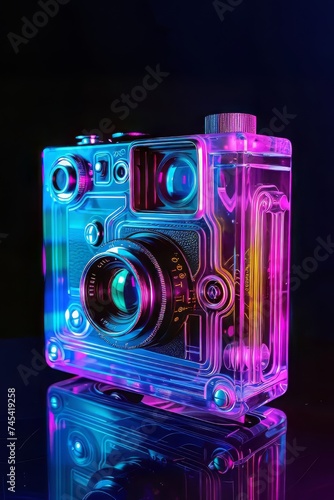 Neon Glow: Transparent Analog Camera in Isometric View