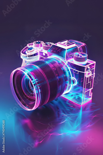 Neon Glow: Transparent Analog Camera in Isometric View