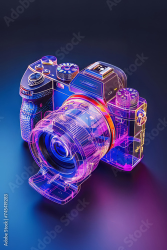Neon Glow: Transparent Analog Camera in Isometric View