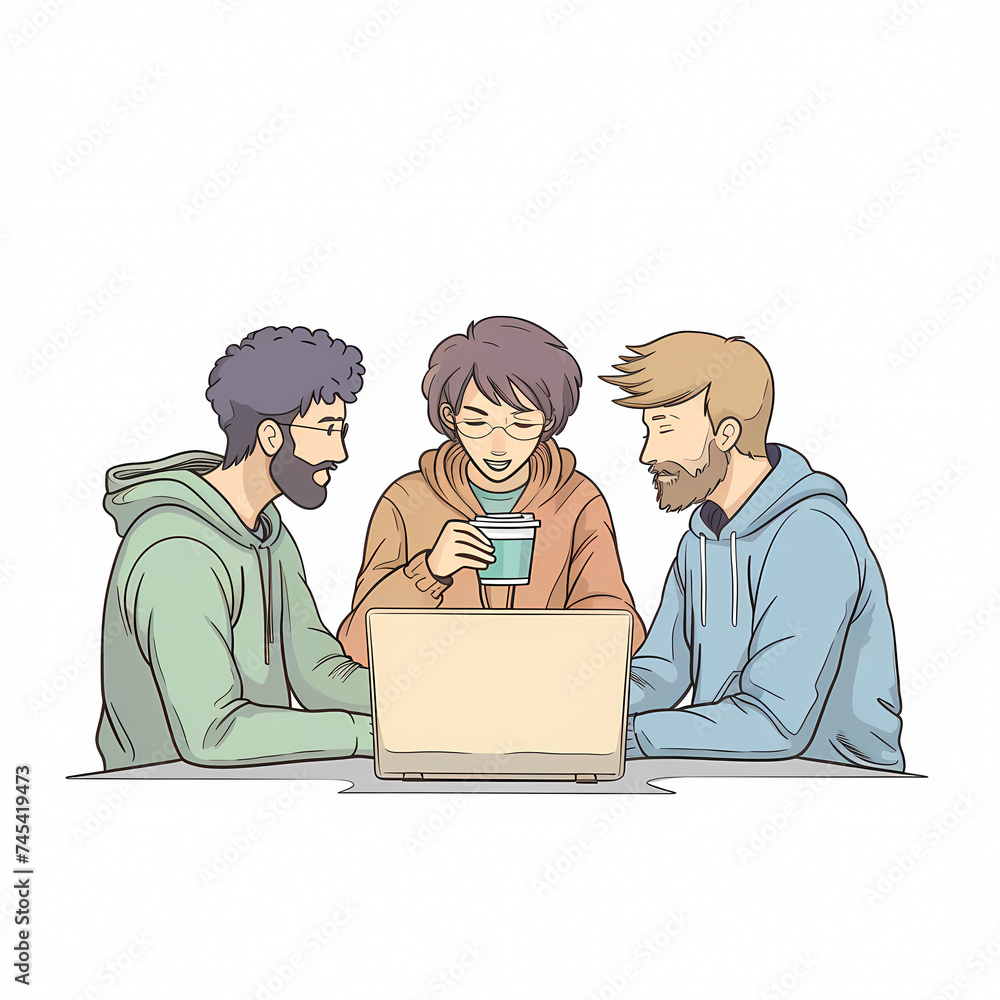 Trois jeunes adultes, deux hommes et une femme, engagés dans une discussion autour d'un ordinateur portable Trois jeunes adultes, deux hommes et une femme, engagés dans une discussion autour d'un ordinateur portable