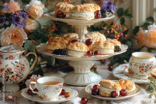 Elegant afternoon tea setup with scones, clotted cream, berries, and a floral tea set.