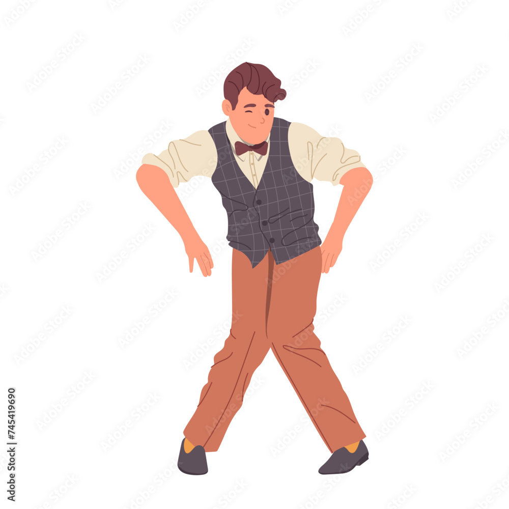 Funky retro-styled man cartoon character dancing twist winking eye isolated on white background Funky retro-styled man cartoon character dancing twist winking eye isolated on white background