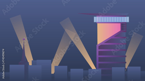 vector design of a futuristic cyberpunk city view at night with tall buildings and several spotlights