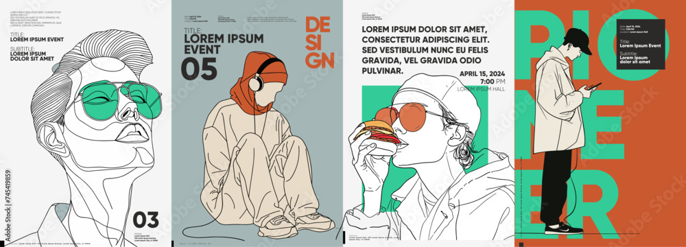 Fototapeta premium A series of four modern typographic posters showcasing stylized portraits of people with an emphasis on fashion, paired with bold lettering and a contemporary color scheme.