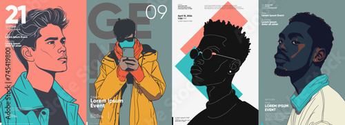 Male figure in contemporary fashion, complemented with stylish graphic elements and contrasting fonts that evoke a sense of modernity and trendiness, ideal for promotional materials, cover designs.