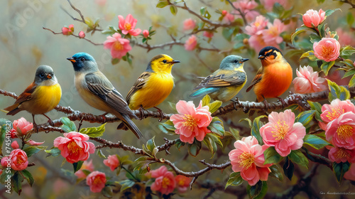 Colorful Bird. Songbird in Cherry Blossoms #745419821
