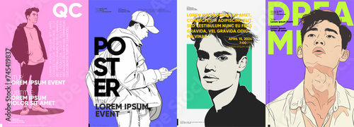 Male character in a unique pose with a contemporary fashion aesthetic, combined with striking typography and a fresh color palette, ideal for modern event promotions, stylish cover designs, banners.