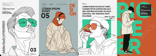 A series of four modern typographic posters showcasing stylized portraits of people with an emphasis on fashion, paired with bold lettering and a contemporary color scheme.