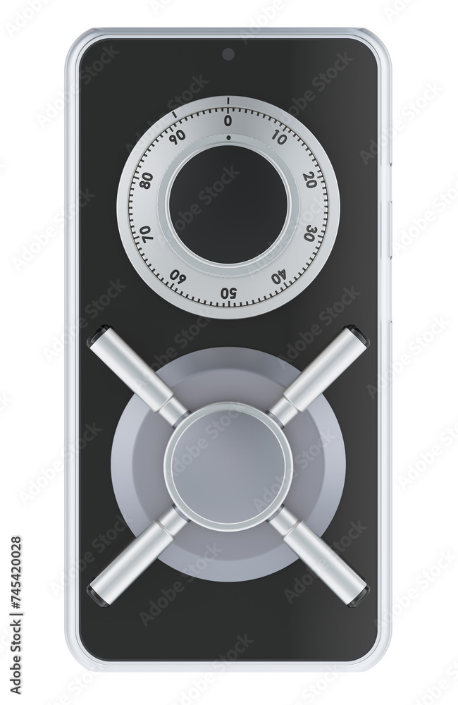 Smartphone with safe combination lock, 3D rendering isolated on transparent background