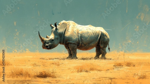 Rhino in the Wild  Wild Rhino Standing Alone  Lonely Rhino in Dry Field  A Solitary Rhino in a Desert Landscape.