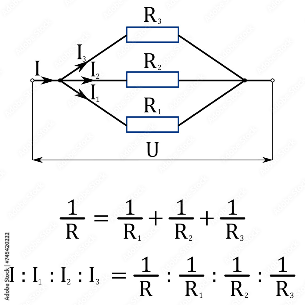 Diagram of parallel connection of three resistors, expression of the ...