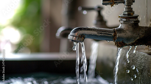 Water flows from a faucet in the kitchen. Old tap with running water. Selective focus. High water pressure. Water consumption concept.