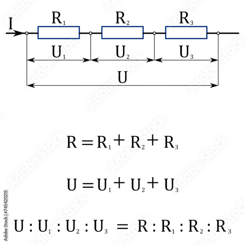 Diagram of the series connection of three resistors, expression of total resistance, total voltage and ratio of voltage to resistances photo