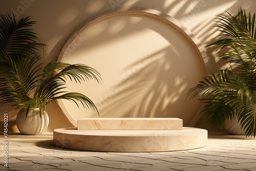 3d render of minimal product display podium with palm leaf shadow.