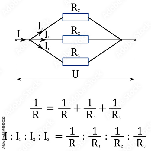 Diagram of parallel connection of three resistors, expression of the inverse value of the resulting resistance, ratio of currents to inverse ratios of resistances photo