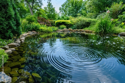 Tranquil garden pond surrounded by lush greenery with water ripples spreading from center.