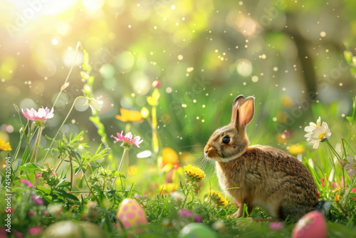 Spring Awakening: Wild Rabbit Amongst Easter Eggs and Blossoming Flowers