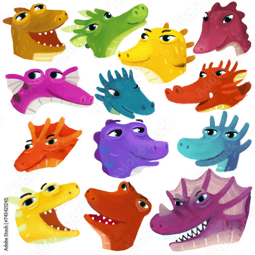 cartoon happy and funny colorful medieval dragon or dinosaur dino heads isolated illustration for children