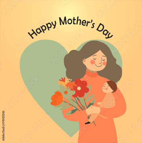 Mother holding child on right and flowers on left