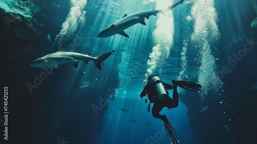 Underwater explorer encounters the silent grace of sharks in a sunlit ocean © VK Studio
