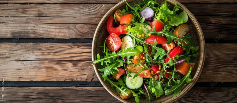 A wooden bowl filled with a healthy green salad, accompanied by grain bread, viewed from above on a wooden table. A wooden bowl filled with a healthy green salad, accompanied by grain bread, viewed from above on a wooden table.