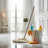 bucket, mop and rag on white marble floor in white room