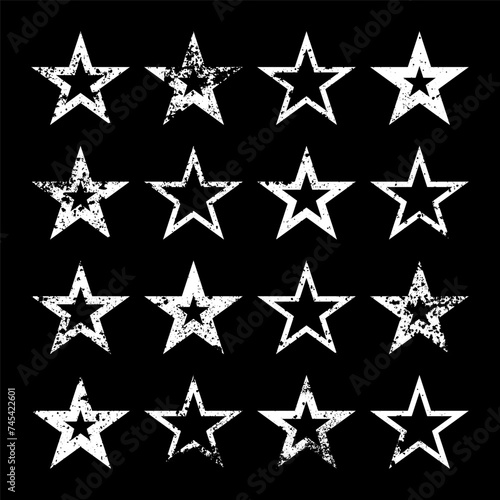 Vintage stars with cracks and stains. Old hand-drawn sign  white simple shape. Retro design element with distressed effect  grunge texture. Vector illustration