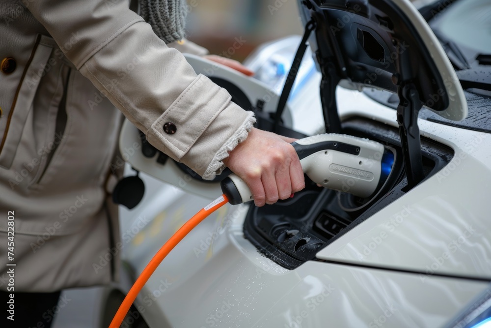 Zero-emission commute: Woman connecting charger to EV Zero-emission commute: Woman connecting charger to EV