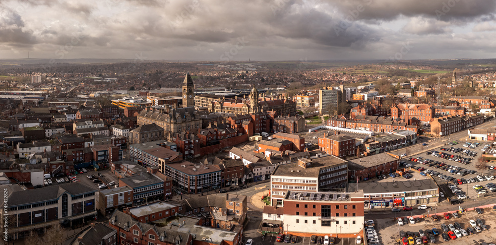 Aerial view Wakefield UK cityscape skyline