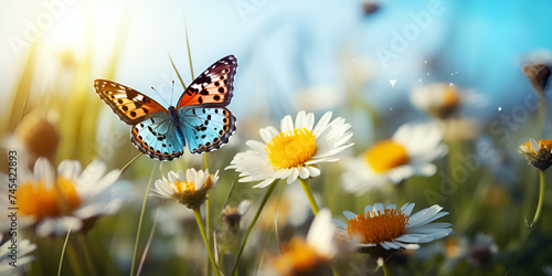 butterfly on a daisy, Butterflies Pollination, The Harmony Of Butterfly Flower, Beautiful Butterfly Surrounded by Flowers and Leaves Blue Sky Background, Wildflowers and butterfly, Generative AI