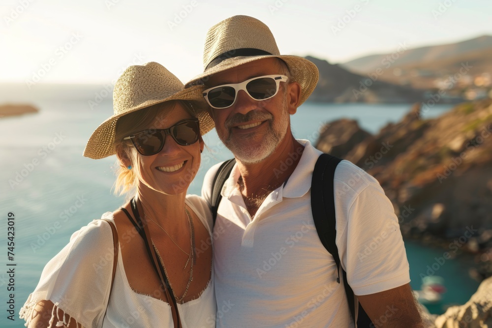 Cheerful retirees traveling the world