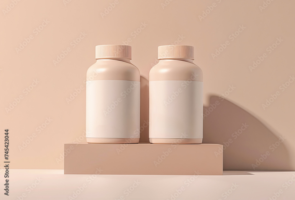 set of cosmetic bottles. Two blank bottles with neutral color scheme on a minimalist beige stand against a warm background set of cosmetic bottles. Two blank bottles with neutral color scheme on a minimalist beige stand against a warm background