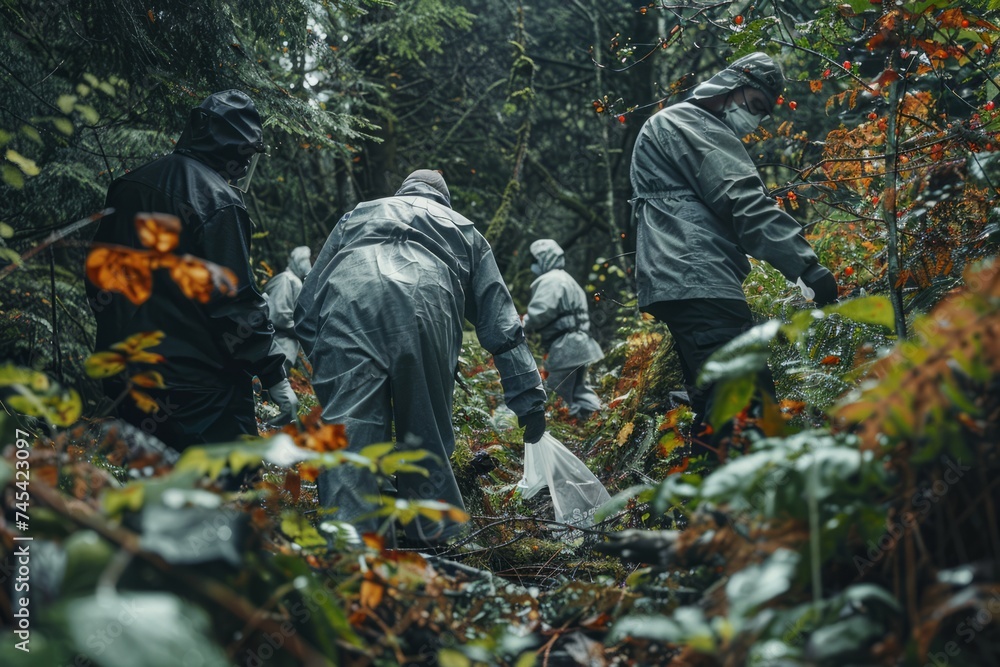 A forensic team combing through a wooded area for evidence