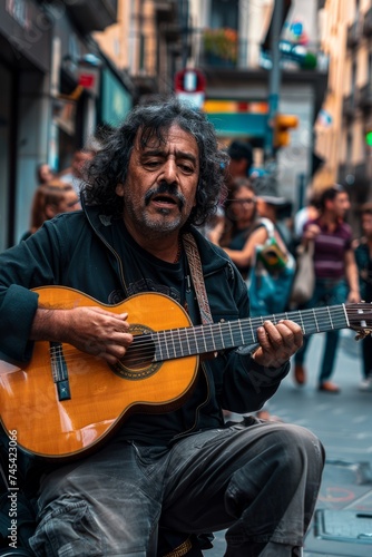 A flamenco guitarist, VetalVit, passionately playing a guitar on a bustling city street, captivating passersby with his fiery musical performance
