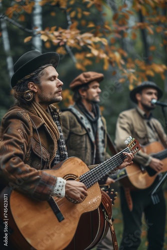 A group of men standing next to each other, each holding a guitar. They are likely members of a folk band preparing to play traditional tunes with authentic instruments