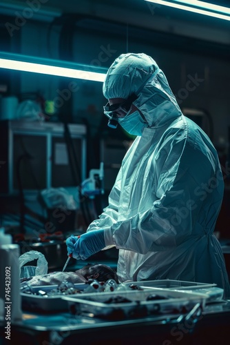 A man in a white lab coat and mask carefully working on a piece of equipment in a laboratory setting. The equipment appears to be part of an autopsy procedure, with a focus on precision and expertise photo