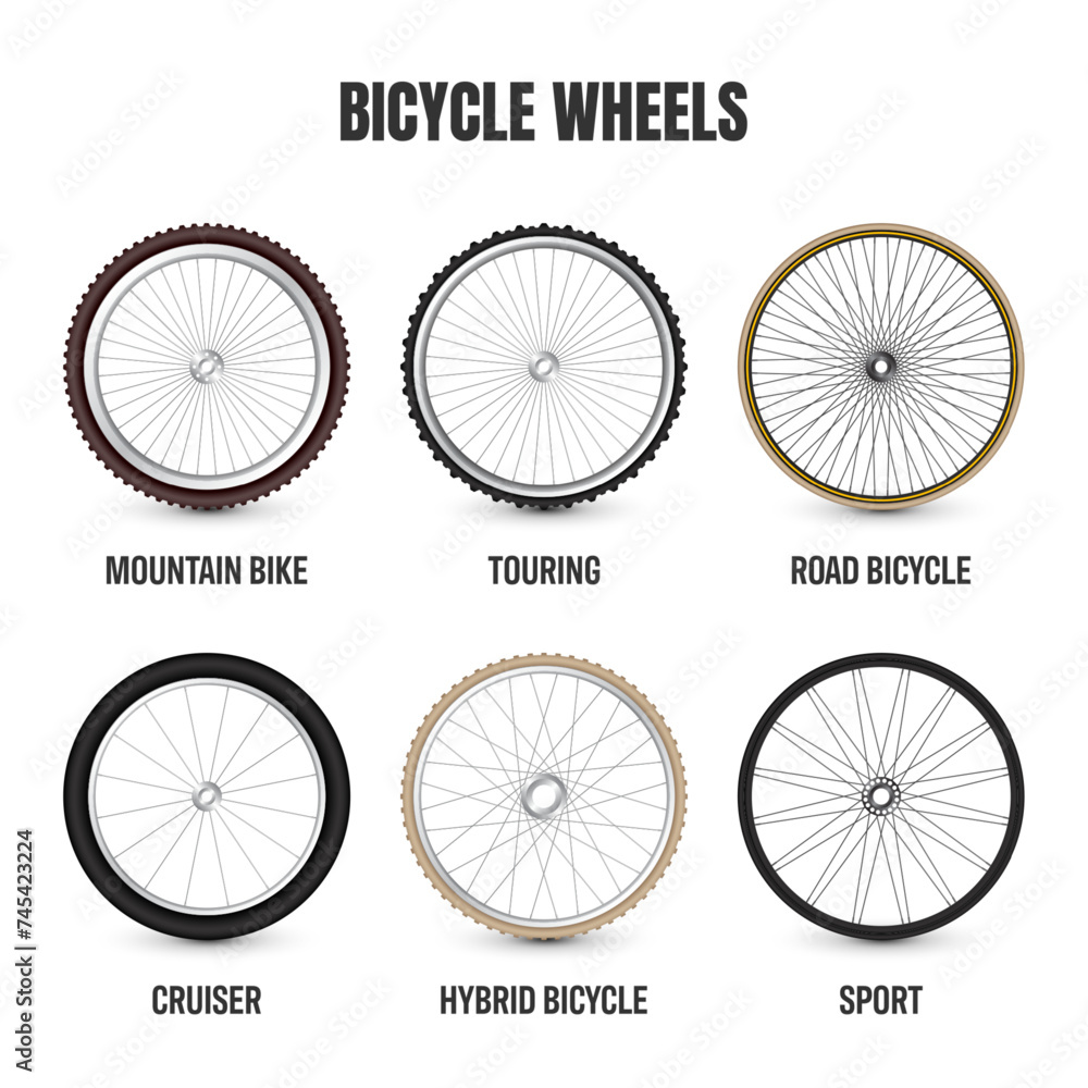 Realistic 3d bicycle wheels. Bike rubber tyres, shiny metal spokes and rims. Fitness cycle, touring, sport, road and mountain bike. Vector illustration Realistic 3d bicycle wheels. Bike rubber tyres, shiny metal spokes and rims. Fitness cycle, touring, sport, road and mountain bike. Vector illustration