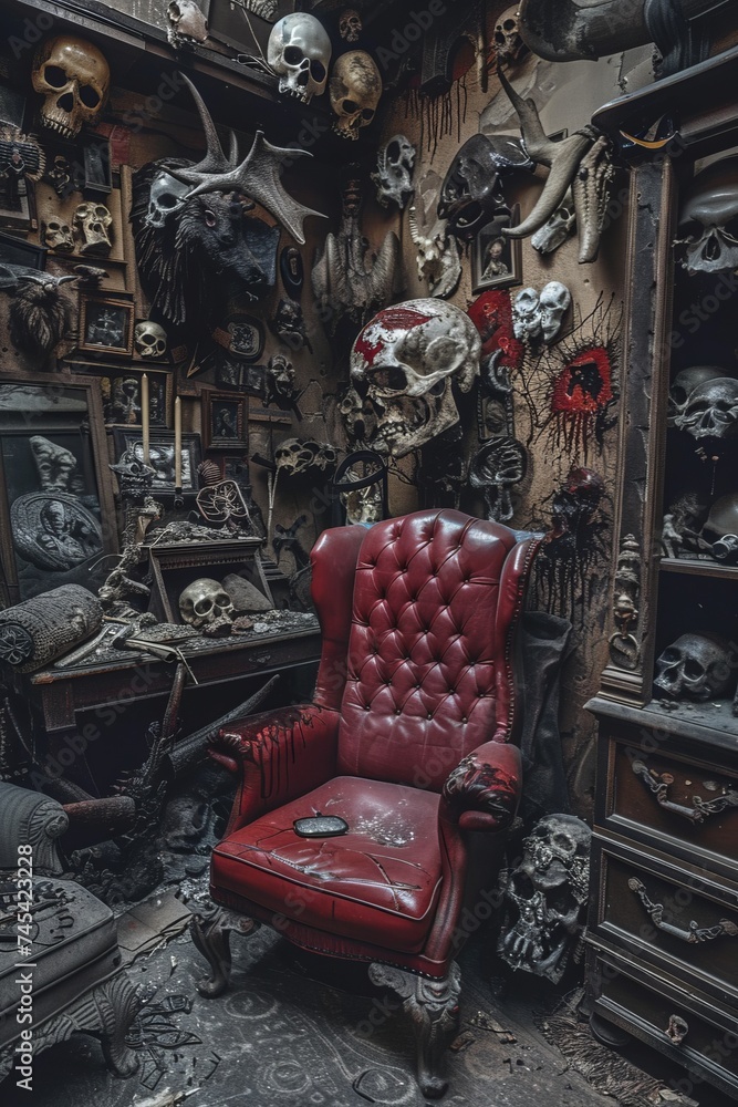 Fototapeta premium The room is filled with numerous skulls displayed as trophies, creating a sinister and eerie atmosphere. Among the skulls stands a lone red chair, starkly contrasting with the morbid surroundings
