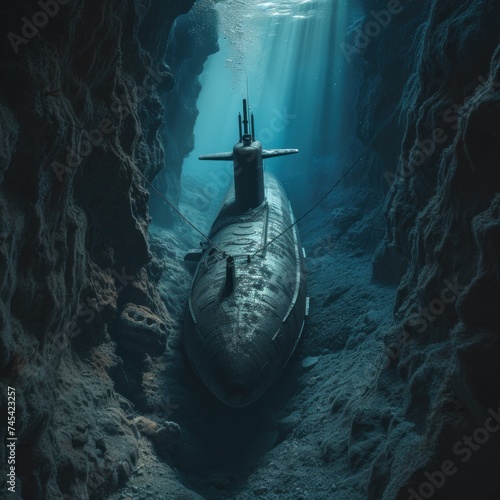 Military submarines dive at the bottom of sea trenches traveling the surface of the seas and oceans to maintain the security of the country. Generative Ai photo