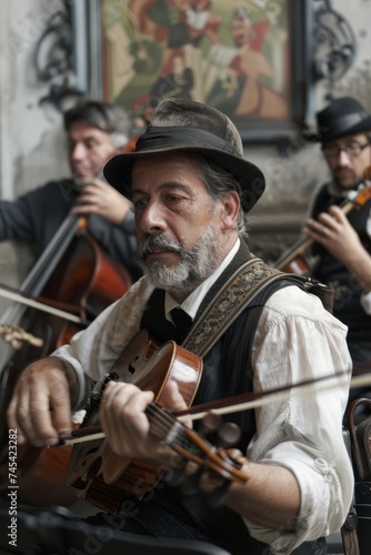 A group of men playing various musical instruments in a room. The musicians are energetic and engaged, performing lively Jewish folk tunes as part of a Klezmer band