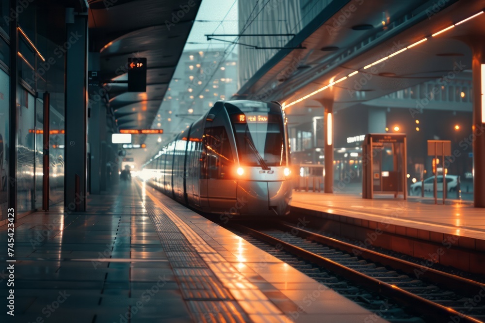 A modern light rail train is stationary on the tracks, ready for passengers to board or disembark. The trains doors are closed as it waits to resume its journey A modern light rail train is stationary on the tracks, ready for passengers to board or disembark. The trains doors are closed as it waits to resume its journey