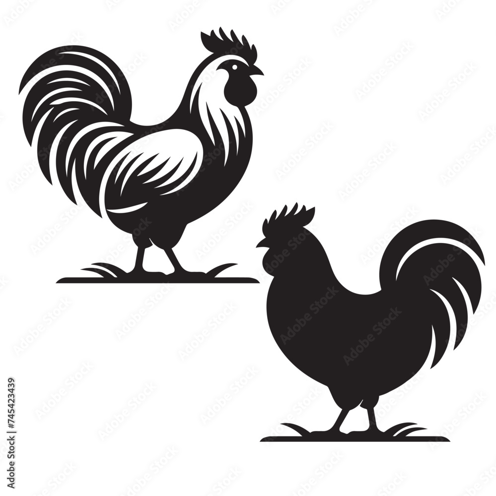 Fototapeta premium Elegant Hen Silhouette Vector - Minimalistic Poultry Farm Collection, Rural Charm: rooster, Hen and Chicken Outlines - Agriculture Vector Illustrations, Graceful Hen Silhouette, Cock silhouettes