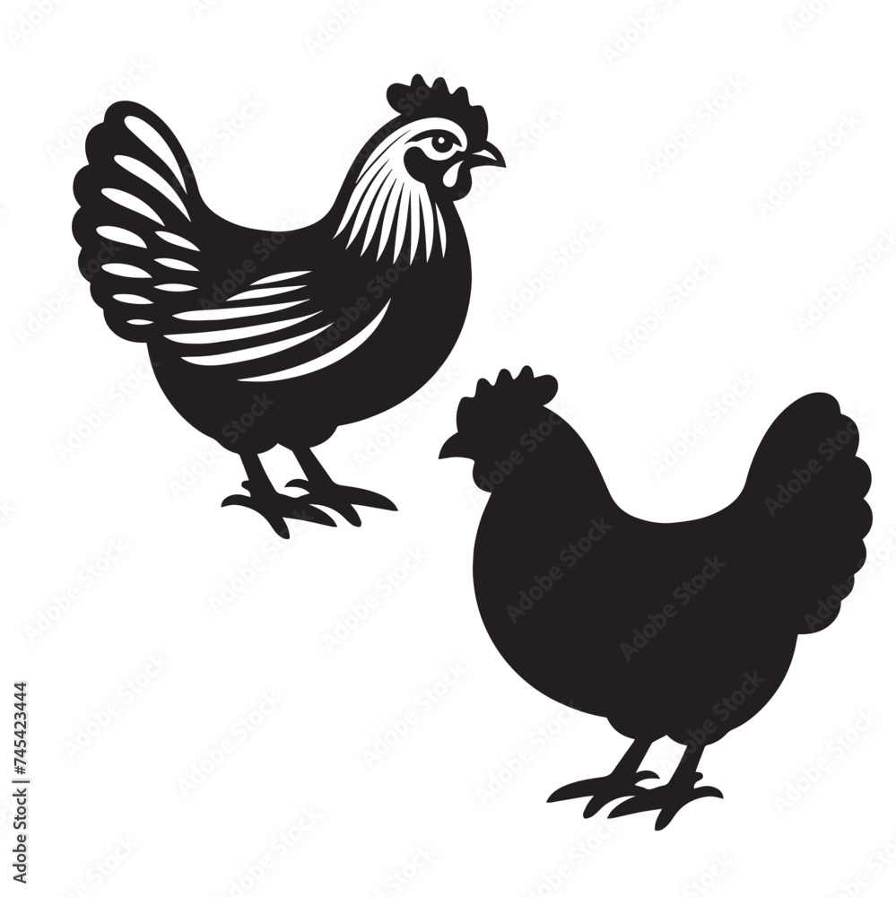 Fototapeta premium Elegant Hen Silhouette Vector - Minimalistic Poultry Farm Collection, Rural Charm: rooster, Hen and Chicken Outlines - Agriculture Vector Illustrations, Graceful Hen Silhouette, Cock silhouettes
