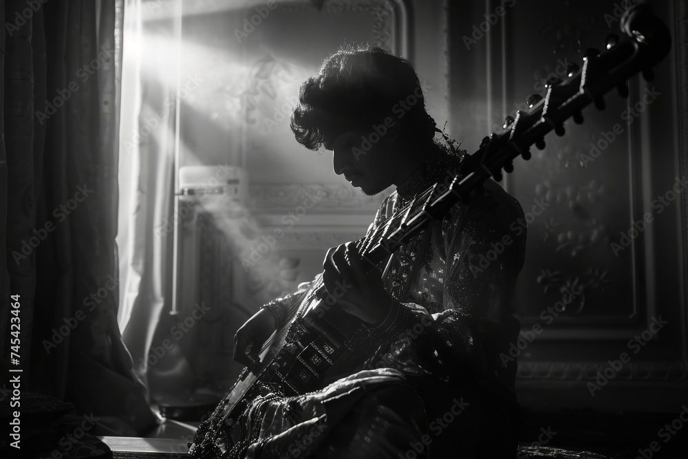 A woman is sitting in a dark room, playing a guitar. She is focused on her music, filling the air with the sounds of her instrument - obrazy, fototapety, plakaty 