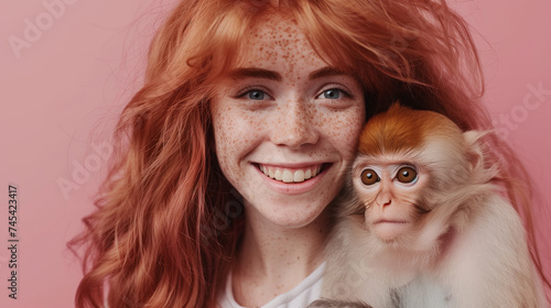 Cheerful Woman with Long Red Hair and Freckles, Posing with a Playful Monke photo