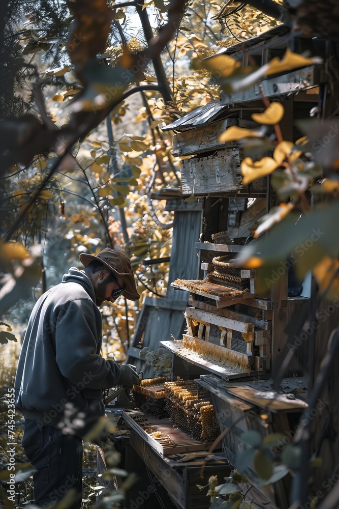 A man is standing next to a beehive in a forest. He appears to be checking on the hive, possibly monitoring honey production. The forest surroundings are visible, suggesting a natural setting