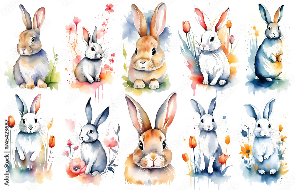 Cute baby rabbit, woodland animal nursery watercolor illustration set. Illustration for children. Nursery posters